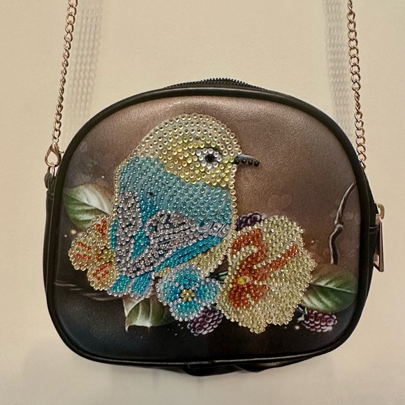 Cute Blue Bird & Flower Embellished Black Crossbody Bag - Picture 1 of 6